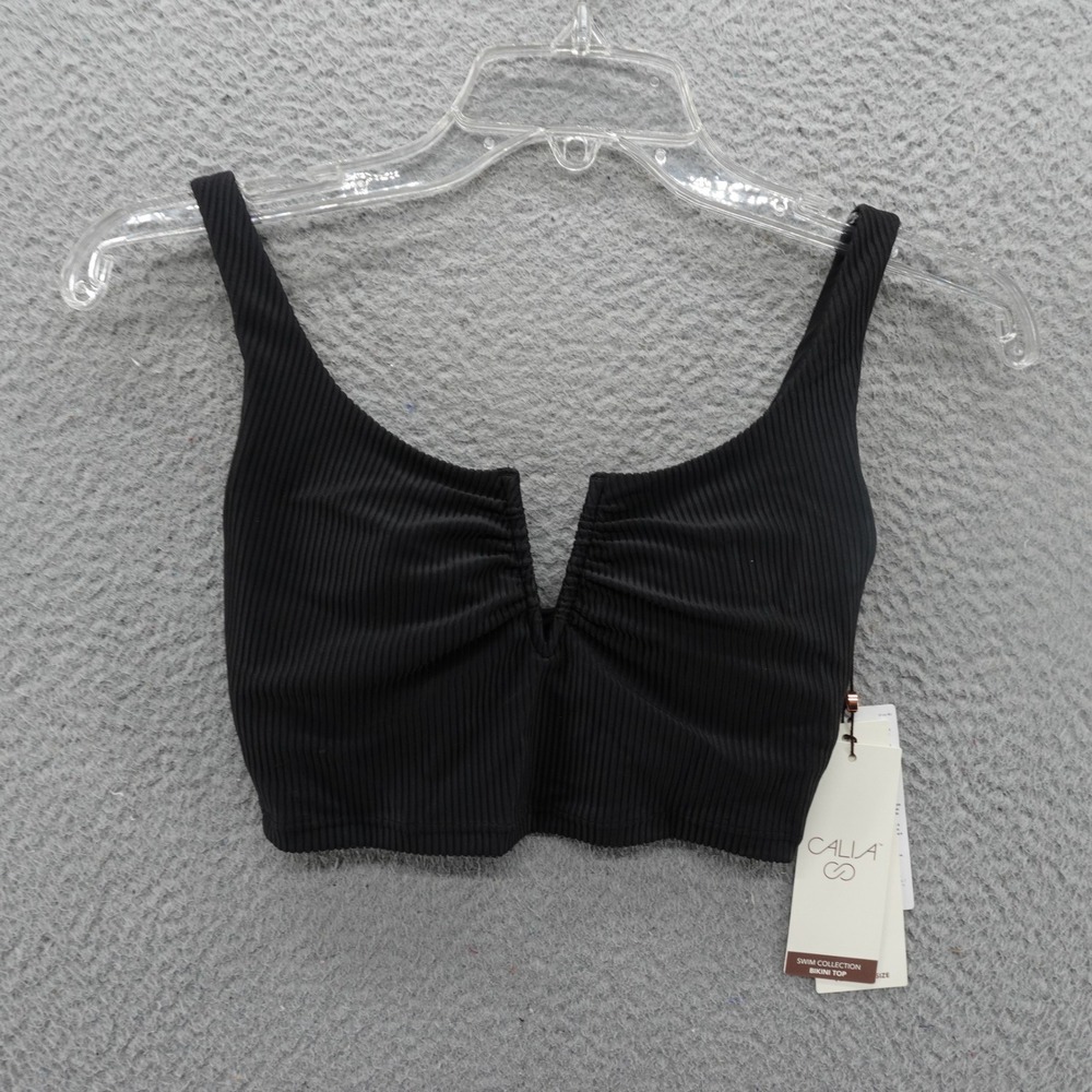 CALIA Womens V-Notch Ruched Ribbed Bikini Top Pure Black XXS WSA23221R NEW